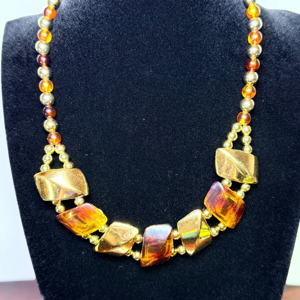 Vintage Amber Gold Tone Geometric Statement Necklace and Earring Set Beads MCM